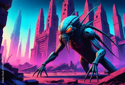 Cyberpunk depict a monstrous insectoid creature wi photo
