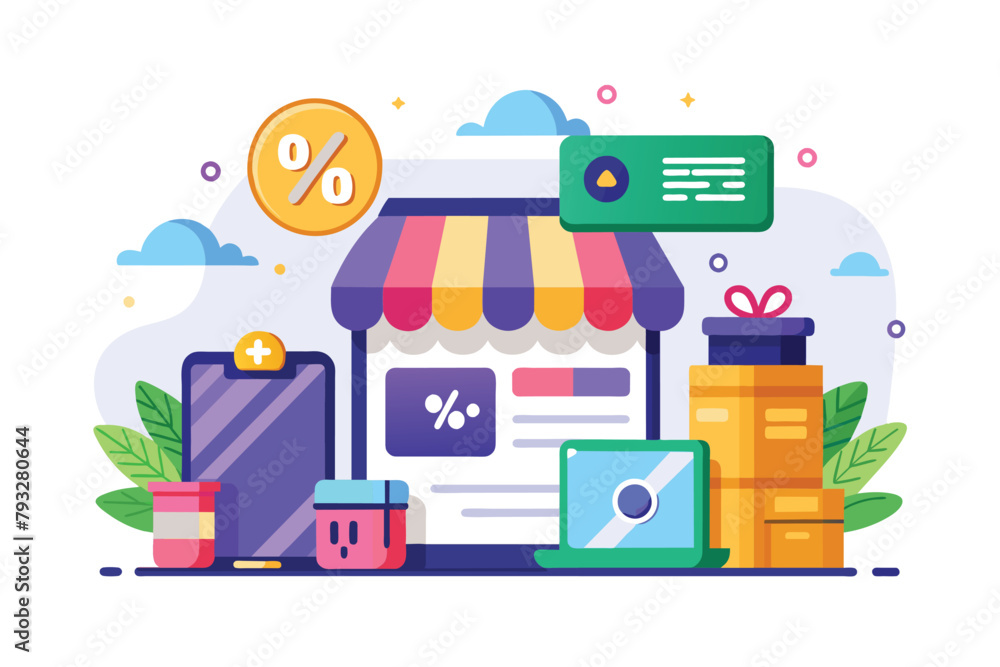 Storefront With Percentage Sign, Retail discount and online shop payment method, Simple and minimalist flat Vector Illustration