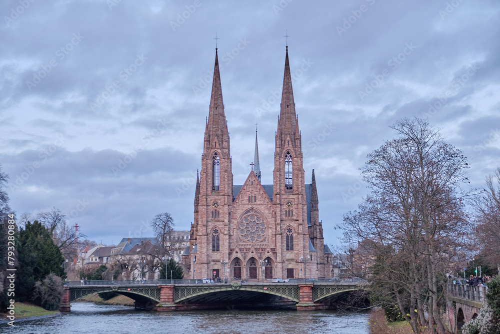 Alsace, December: view of Old city center of Strasbourg town with colorful houses.
