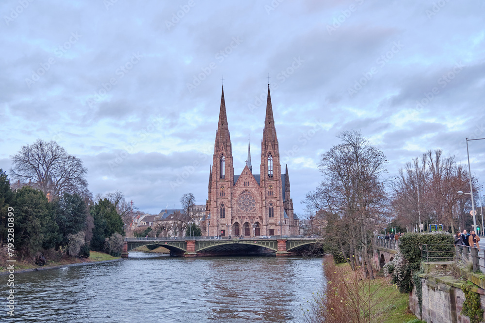 Alsace, December: view of Old city center of Strasbourg town with colorful houses.