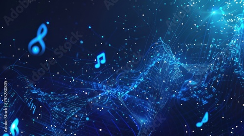 Notes music from futuristic polygonal blue lines and glowing stars for banner, poster, greeting card. AI generated photo