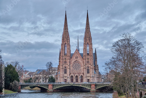 Alsace, December: view of Old city center of Strasbourg town with colorful houses.