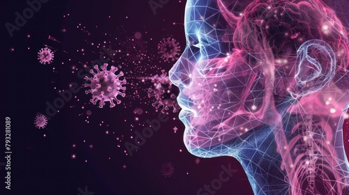 Respiratory system. Head with corona virus. Protect cover your sneeze. AI generated