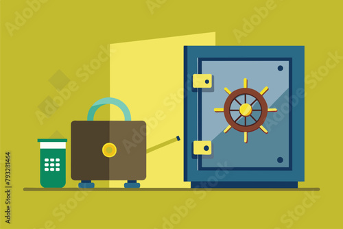 An open door secured with a lock, with a suitcase placed next to it, Safe theft, Simple and minimalist flat Vector Illustration