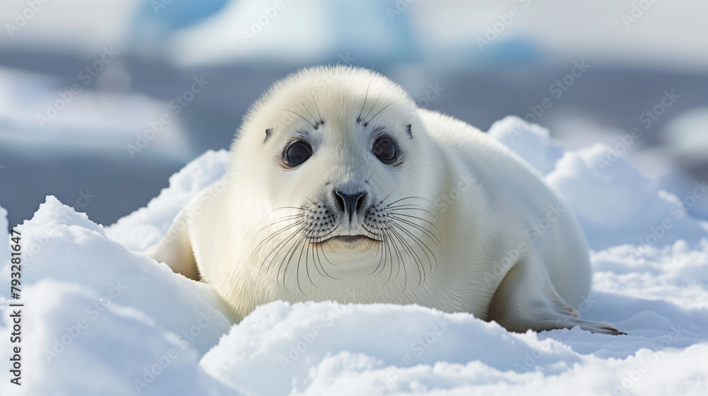 A white seal lying in the snow with a calm expression, surrounded by ice. A white seal lying in the snow with a calm expression, surrounded by ice.