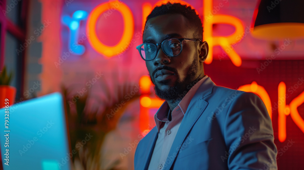 African young man in office with laptop under neon light African young man in office with laptop under neon light