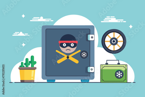 A cartoon thief is shown breaking into a large safe in a simplistic and minimalist style, Safe theft, Simple and minimalist flat Vector Illustration