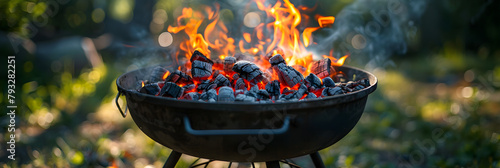 Embers of fire in metal kettle on portable backyard grill at summer barbecue photo