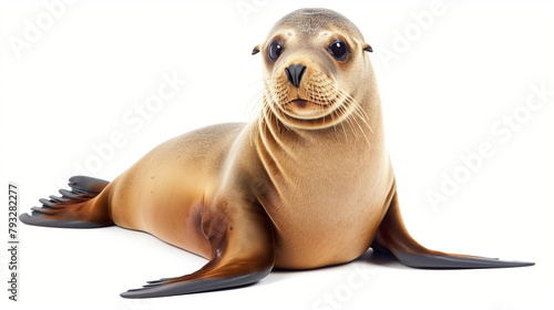 A brown seal on a white background with its body facing the camera.