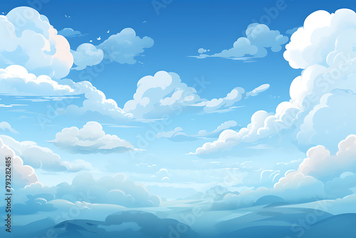 Illustrative panorama of a serene blue sky filled with fluffy clouds, conveying tranquility. Generative AI