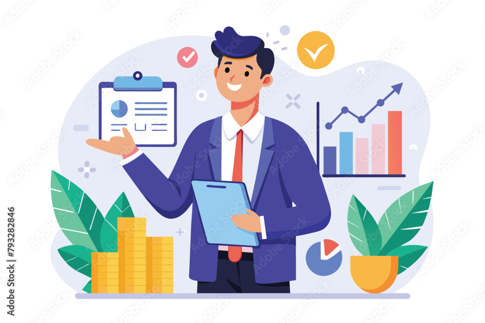 Man Holding Clipboard and Analyzing Data, sales growth commerce analytics profit analysis business analyst marketing plan holding tablet, Simple and minimalist flat Vector Illustration Man Holding Clipboard and Analyzing Data, sales growth commerce analytics profit analysis business analyst marketing plan holding tablet, Simple and minimalist flat Vector Illustration