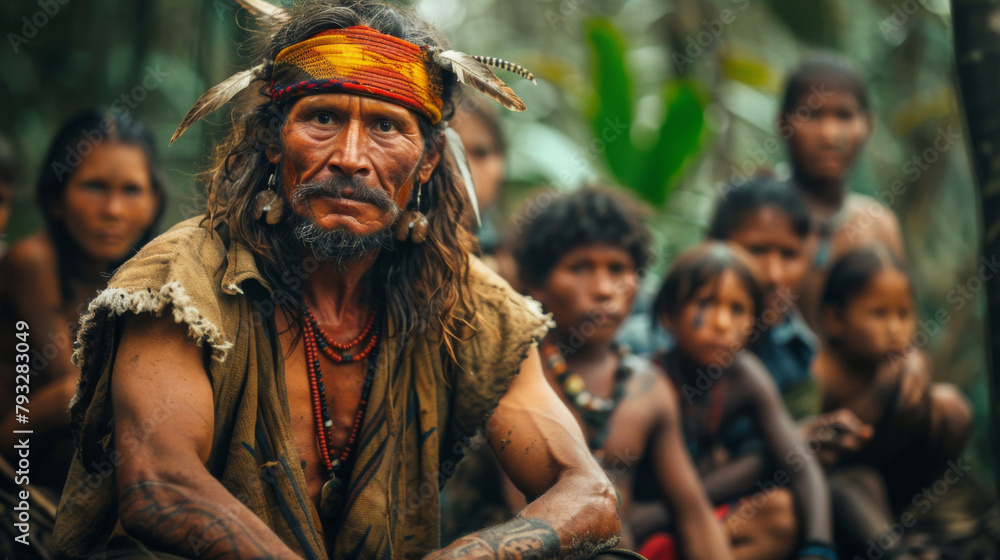 Anthropologist with indigenous people in a tropical forest setting, captured in a wide-angle shot. Anthropologist with indigenous people in a tropical forest setting, captured in a wide-angle shot.