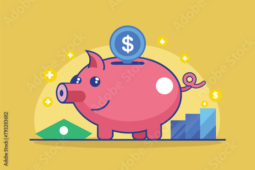 A piggy bank with a dollar sign on top, symbolizing saving money in a simple and minimalist setting, Saving in the piggy bank, Simple and minimalist flat Vector Illustration