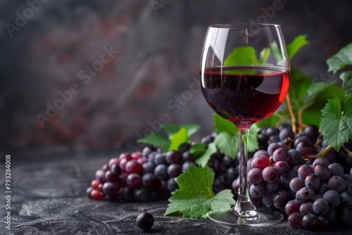 Red wine in a wine glass with grapes and leaves on a table