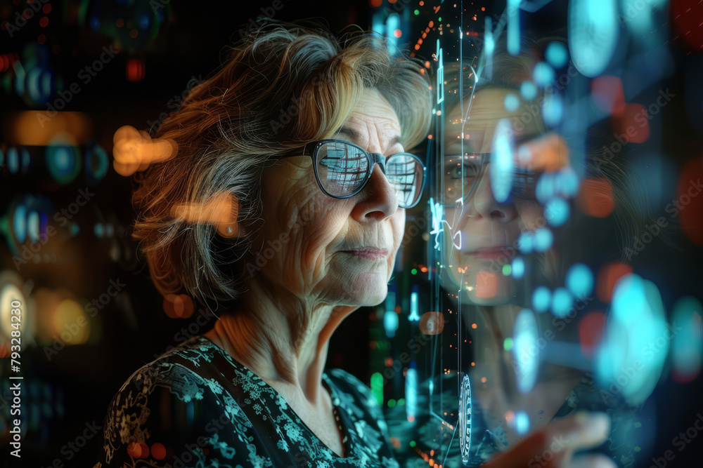Female about 50 years old working with technology. Generative AI Female about 50 years old working with technology. Generative AI