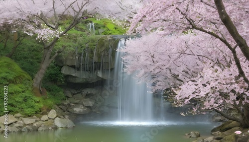 A serene waterfall framed by a canopy of cherry bl upscaled 2