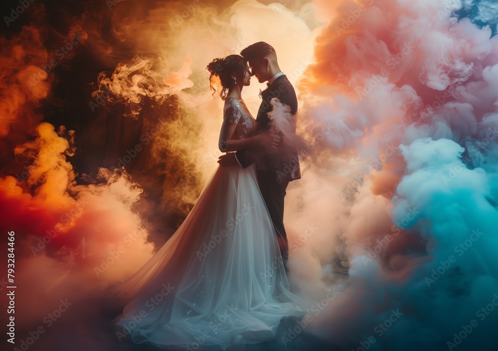 A beautiful bride and groom in love, surrounded by colorful smoke