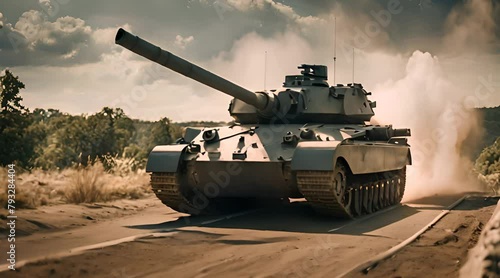 Military army tank ready to attack moving over a deserted battle field terrain footage photo