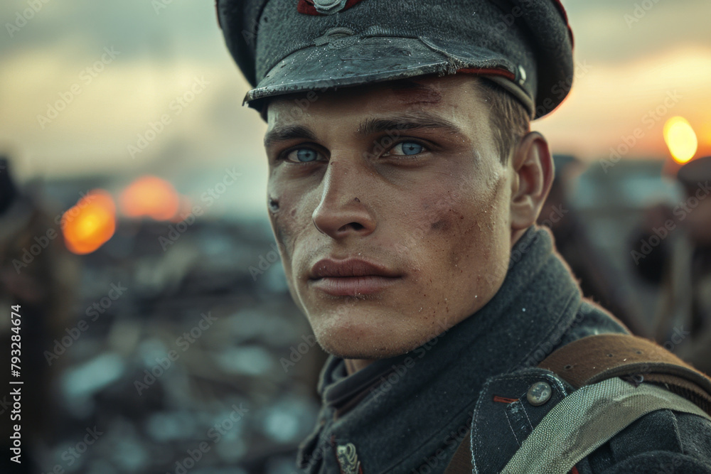 Naklejka premium A close-up of a young male artillery officer, with a focused gaze, against a blurred background of a gun position.