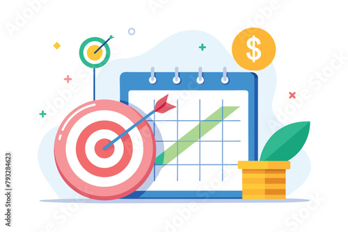 A calendar marked with a dart hitting a target, symbolizing goal-setting and achievement, Schedule sales target time trending, Simple and minimalist flat Vector Illustration