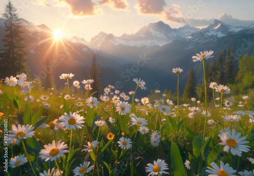 A beautiful sunrise over the mountains with daisies in full bloom.