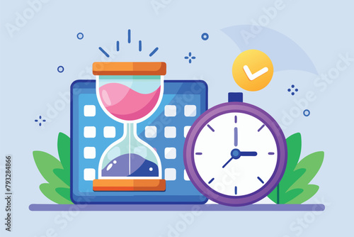 A clock and an hourglass placed on a table, indicating the passage of time, Scheduling working hours, Simple and minimalist flat Vector Illustration