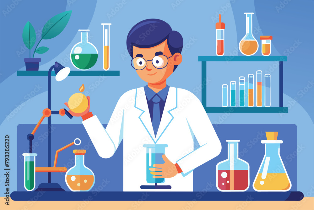 Man in lab coat holding a flask in a scientific laboratory, Scientist doing tests in flasks in lab, scientific research, Simple and minimalist flat Vector Illustration Man in lab coat holding a flask in a scientific laboratory, Scientist doing tests in flasks in lab, scientific research, Simple and minimalist flat Vector Illustration
