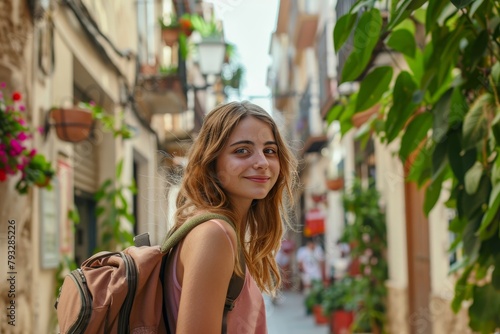 Young female backpacker tourist exploring old town streets of spain on solo vacation photo
