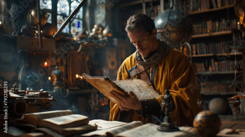 An astrologer concentrates on reading an ancient chart in a dim, mystically decorated room.