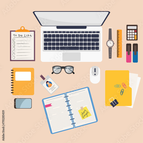 Set of stationery and office supplies in flat style. Laptop and mouse with top view. Office objects and business workflow items. Collection of everyday icons