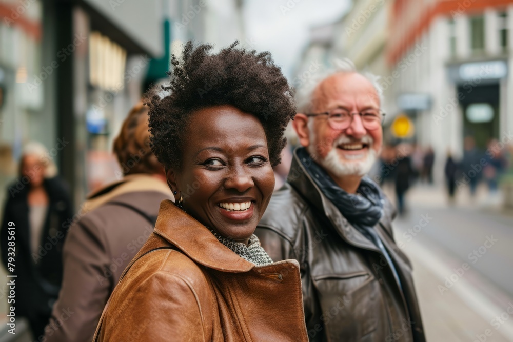 Portrait of happy senior couple walking in the city. Mature man with curly hair smiling and looking at camera. Portrait of happy senior couple walking in the city. Mature man with curly hair smiling and looking at camera.