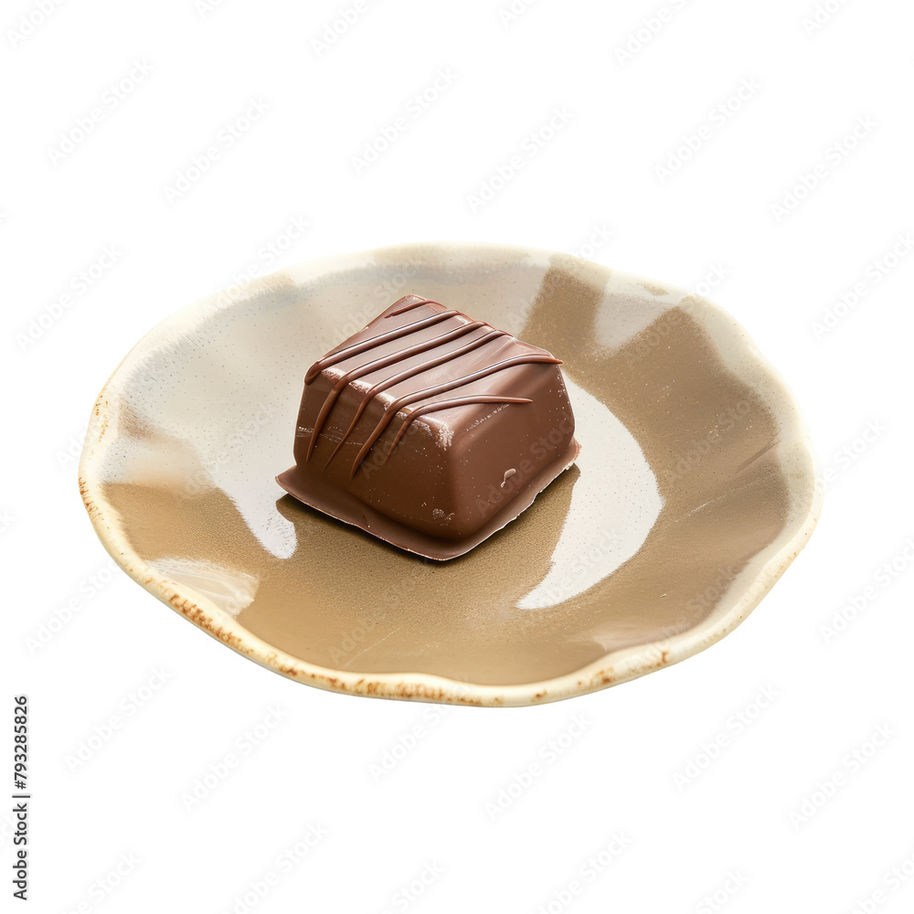 A delicious piece of chocolate candy sits temptingly on a plate set against a transparent background A delicious piece of chocolate candy sits temptingly on a plate set against a transparent background