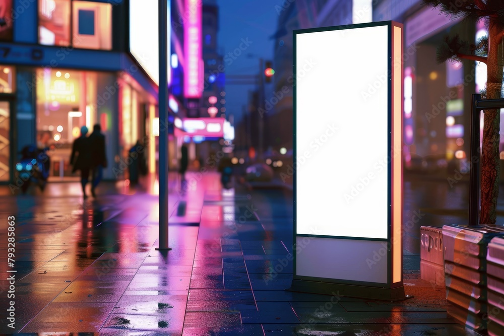 Mockup of blank white vertical advertising banner billboard stand on sidewalk at night