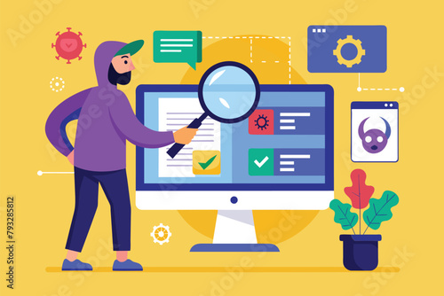 A man closely inspects a computer screen using a magnifying glass to search for malware, search for malware on the computer, Simple and minimalist flat Vector Illustration