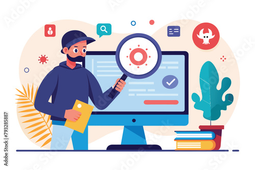 A man is examining a computer screen closely with a magnifying glass to search for potential malware, search for malware on the computer, Simple and minimalist flat Vector Illustration