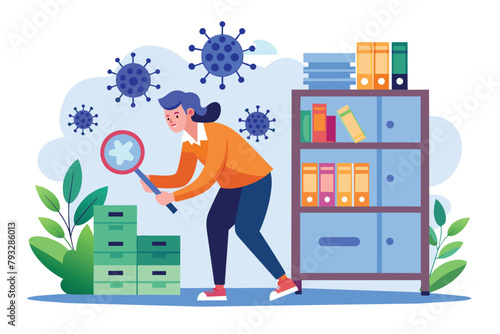 A woman examines a bookcase closely with a magnifying glass, search for viruses in storage, Simple and minimalist flat Vector Illustration