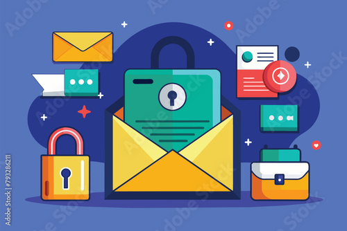 A minimalist open envelope secured with a lock adding a layer of security to the contents inside, Secret mail security, Simple and minimalist flat Vector Illustration