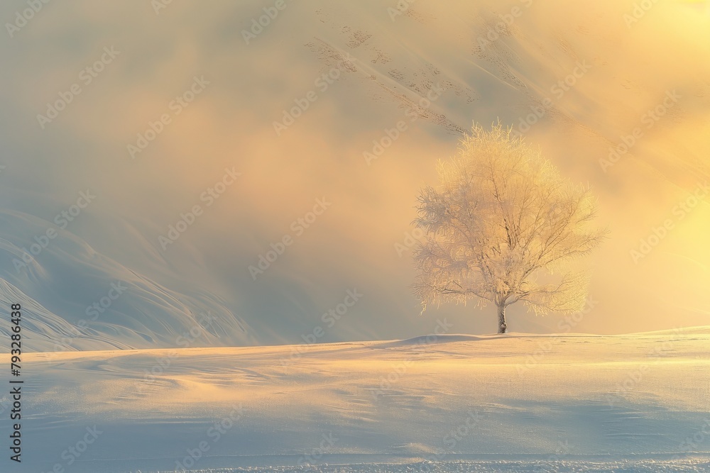 Finnish alpine landscape with frozen tree at dawn, long exposure, subtle colors, magical winter feel