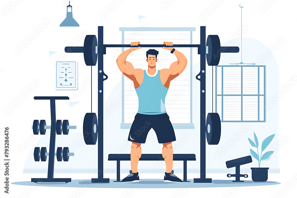 Fototapeta premium Illustration of a muscular man lifting weights in a home gym setting with indoor plants. Generative AI