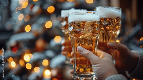 Person holding three glasses of beer in front of a Christmas tree