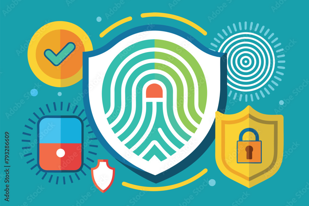A shield bearing a fingerprint surrounded by various security icons in a minimalist design, Security fingerprint, Simple and minimalist flat Vector Illustration A shield bearing a fingerprint surrounded by various security icons in a minimalist design, Security fingerprint, Simple and minimalist flat Vector Illustration