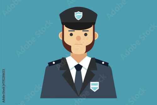 A man wearing a police uniform with a beard standing confidently, security guard people, Simple and minimalist flat Vector Illustration