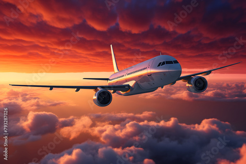 Airplane flying in colorful sky during sunset