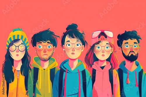 People group  experiencing demotivational emotions. Group of demotivated people different genders: two men and three women on pink background. Concept emotion for psychologists photo