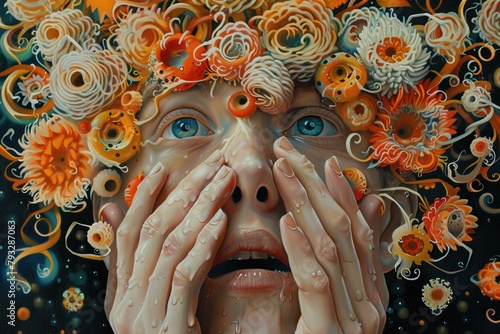 Obsessive compulsive disorder OCD. Person suffering from the disorder OCD has confused thoughts, clasps face in hands, opens mouth and bulges eyes. Psychological disorder concept photo
