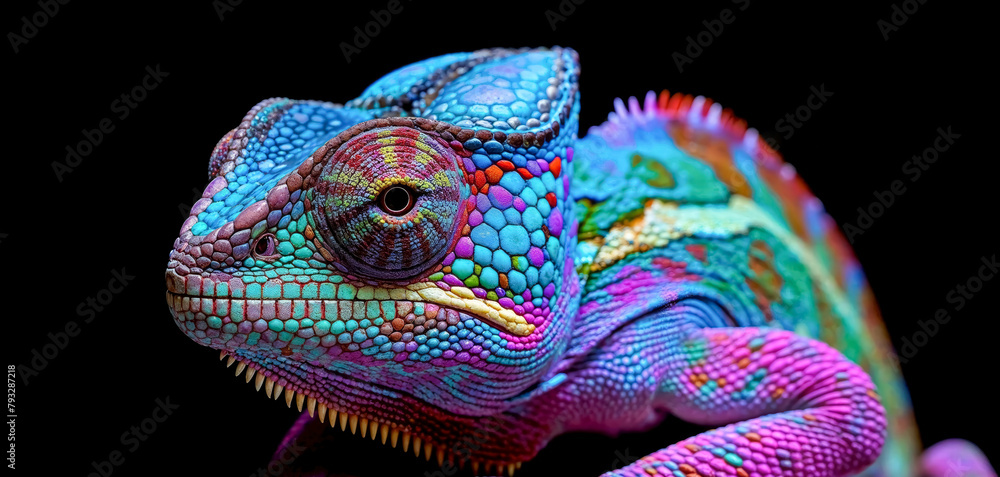 Fototapeta premium Closeup of a colorful chameleon lizard with pink and blue colors on a black background. 