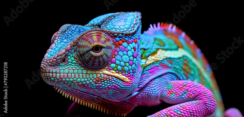 Closeup of a colorful chameleon lizard with pink and blue colors on a black background. 
