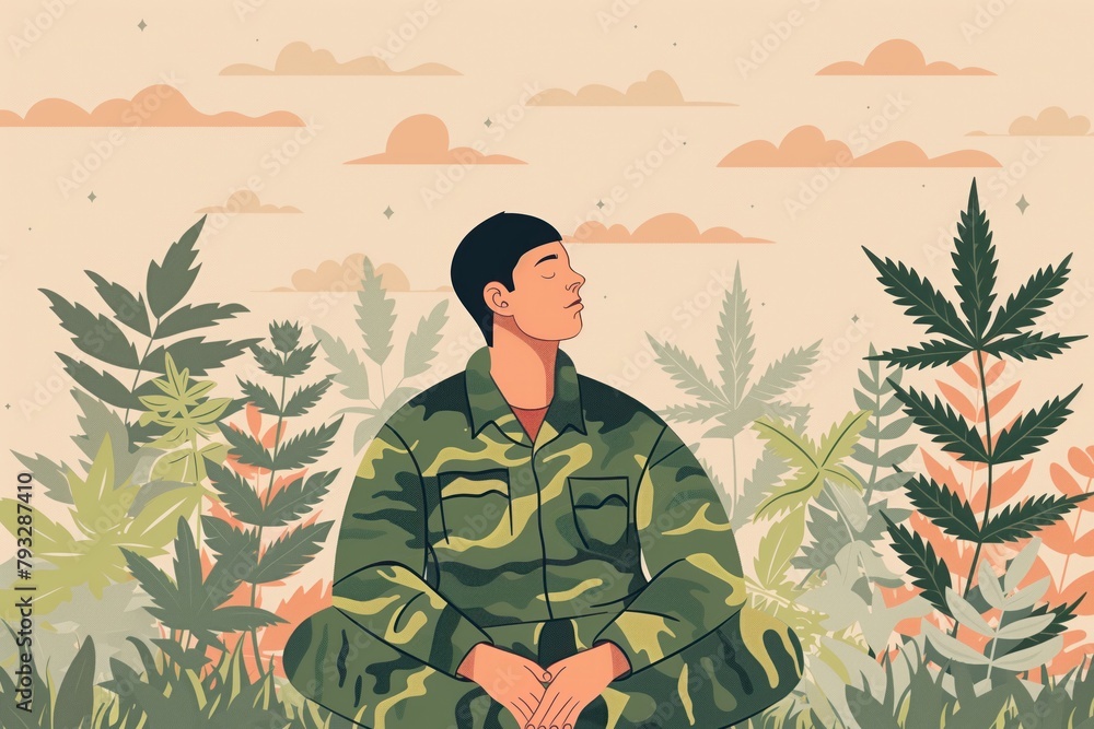 Military man calmed down by cannabis, treats post traumatic disorder PTSD using medical marijuana. The concept of medical cannabis for treatment PTSD in military