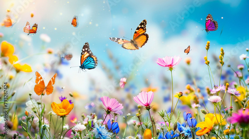 Summer meadow - wild flowers and butterflies. Horizontal banner