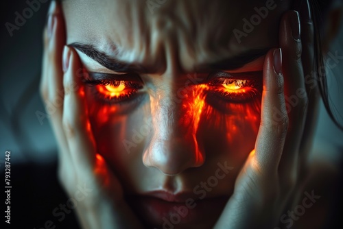 Woman has headache from mental exhaustion, clutches temples with hands, eyes glow with bright orange light. Face woman 25s close up. Concept fatigue, mental overwork, headache photo